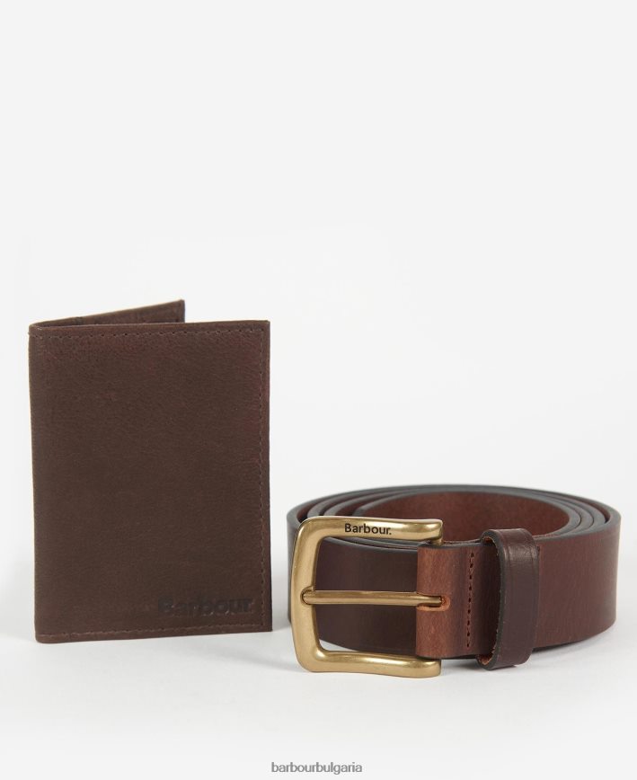 тъмно кафяво подаръчен комплект портфейл и колан haydon 4FN2BH2222 мъже Barbour аксесоари